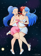 drawing giantess blushing color long_hair clothed planet blue_hair huge_breasts smiling red_hair sun looking_down giantesses jupiter multicolored_hair cosmic_giantess bare_midriff between_breasts dakunart