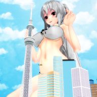 bikini giantess white_hair blushing city large_breasts long_hair buildings helicopter smiling sitting outdoors haku_yowane digital_render kingklon