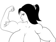 drawing black_hair long_hair huge_breasts smiling muscles shrunken_man looking_down flexing no_background smallbutsharp