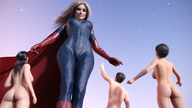 nude blonde comic superhero shrunken_woman shrunken_man suit leather latex thighs looking_at_victim twilight digital_render lfcfan silverstar
