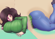 breasts drawing growth giantess color butt clothed huge_breasts brunette lying_down pants outgrowing_space stuck looking_back aliessa dragonmanx