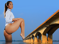 giantess collage long_hair butt bridge brunette smiling ponytail looking_down outdoors raised_foot eva_lovia