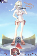 drawing giantess blonde color water green_eyes underwear island boats microphone hand_on_hips singer gamefreakdx bare_midriff