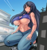 breasts drawing gentle giantess city black_hair long_hair clothed cleavage huge_breasts smiling sitting underboob pants outdoors aliessa lolwat97