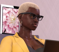 blonde large_breasts clothed cleavage glasses short_hair shrunken_man looking_down dark_skin working indoors hanging_on digital_render