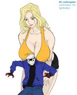 drawing blonde long_hair cleavage huge_breasts smiling mini_giantess shorts bending_over looking_down freckles no_background h_wallacepires