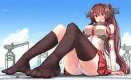 drawing giantess panties blushing upskirt long_hair brunette socks ponytail sitting looking_down utopia kantai_collection sweat_drop
