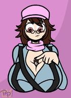 drawing long_hair cleavage glasses huge_breasts brunette looking_down no_background scarf between_breasts princepeel