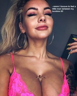 large_breasts long_hair underwear smiling shrunken_man hoop_earrings long_nails closed_eyes earrings dialogue green_nails between_breasts sfxhh3