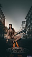 giantess collage nude black_hair long_hair high_heels sitting sandals outdoors legs_spread sfxhh3