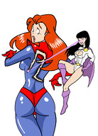 breasts drawing giantess mega black_hair color long_hair butt crossover cleavage gloves red_hair boots thighs costume lois_lane looking_back cape belt leotard power_girl lasers no_background inspector97 dc_comics mary_jane marvel_comics ci0 fusion