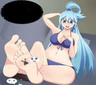 bikini drawing large_breasts long_hair toes barefoot cleavage soles blue_hair shrunken_woman shrunken_man tinies dialogue stuck_to_foot konosuba aqua_(konosuba) darkness_(konosuba) satou_kazuma