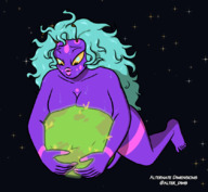 drawing giantess giga alien space large_breasts destruction planet blue_hair breast_crush yellow_eyes purple_skin antennae messy_hair unusual_pupils alternate_dimensions