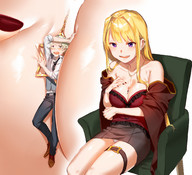 drawing giantess blonde color clothed purple_eyes unknown_artist sitting shrunken_man teasing necklace earrings between_breasts