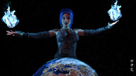 giantess giga space large_breasts clothed planet blue_hair smiling ponytail witch fire looking_down magic