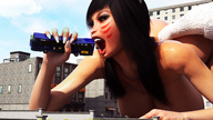 giantess vore vixen black_hair large_breasts long_hair handheld huge_breasts fox_tail bus open_mouth fox_girl big_butt ahri face_paint redfiredog digital_render rfd_comics inari