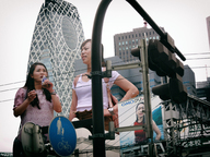 giantess collage city black_hair long_hair asian giantesses drinking outdoors kyoujingirls