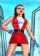 breasts drawing giantess city mega color skirt buildings brunette gloves short_hair legs costume doom_patrol belt hairband dc_comics elasti-girl grim1978 rita_farr