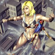 drawing giantess city blonde large_breasts long_hair cleavage blue_hair flying outdoors skimpy_clothing tastysnack