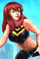 breasts drawing giantess city mega color large_breasts long_hair green_eyes superhero red_hair belly bending_over skyscraper outdoors costume top belt mary_jane spider-man marvel_comics the_wasp grim1978 bare_midriff earth_20052