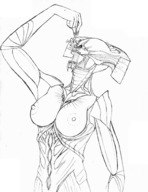 breasts drawing nipples giantess vore monochrome demon smiling unknown_artist doom open_mouth dangle monster_girl imminent_vore no_background