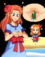 drawing gentle blushing blonde color clothed beach handheld water purple_eyes red_hair dress kissing shrunken_man necklace no_background looking_at_tiny the_legend_of_zelda super_deformed flower_in_hair punishedmosquito link_(the_legend_of_zelda) the_legend_of_zelda_links_awakening marin_(the_legend_of_zelda)