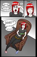 drawing vore long_hair socks red_hair sitting open_mouth dangle indoors closed_eyes dialogue throat_bulge corrodedspoon