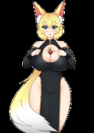 drawing blushing blonde color blue_eyes clothed huge_breasts kitsune shrunken_woman no_background between_breasts garry-ho