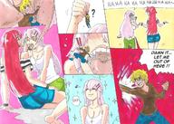 drawing vore comic large_breasts long_hair tongue clothed cleavage pink_hair red_hair shrunken_man open_mouth inside_stomach commission panels nightingale122 leon_takayashi