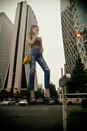 giantess collage city long_hair high_heels jeans brunette asian ponytail looking_down outdoors purse earrings kyoujingirls