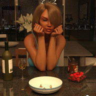 blonde long_hair smiling sitting strawberry table shrunken_man looking_down bowl indoors imminent_vore wine_glass digital_render notch