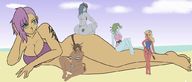 bikini drawing giantess blonde long_hair butt purple_hair blue_hair huge_breasts brunette green_hair lying_down snake blue_skin dark_skin earrings horn red_skin thick_thighs grey_skin moerin-satsuki
