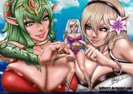 drawing white_hair blonde color long_hair cleavage huge_breasts underwear green_hair twintails shrunken_woman hairband poking groping fire_emblem corrin robin_(fire_emblem) tiki_(fire_emblem) laffinityl