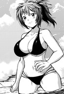 bikini drawing giantess monochrome large_breasts long_hair water ponytail outdoors ships silverprovidence