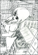 drawing city monochrome long_hair clothed smiling shorts looking_down outdoors crowds jjonair