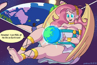 drawing growth giantess wings upskirt long_hair toes barefoot soles huge_breasts pink_hair earrings dialogue hairband my_little_pony fluttershy goattrain