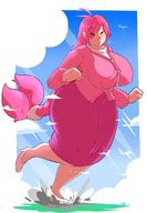 drawing giantess giga city long_hair destruction clothed huge_breasts pink_hair outdoors flats braid big_butt thick_thighs thaddeusmcboosh