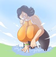 drawing giantess giga city black_hair huge_breasts smiling short_hair looking_down jets outdoors big_butt bracelet thick_thighs thaddeusmcboosh