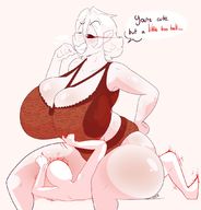 drawing giantess butt_crush huge_breasts mini_giantess sitting big_butt dialogue thick_thighs no_background thaddeusmcboosh
