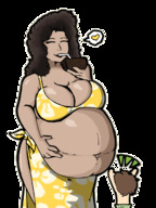 drawing black_hair long_hair huge_breasts mini_giantess bbw belly reaching drinking dark_skin no_background simplistic-odyssey