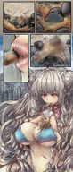 bikini drawing giantess vore city comic large_breasts long_hair brunette looking_down drinking outdoors cup panels embernaga