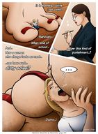 drawing comic long_hair licking toes barefoot glasses brunette sitting shrunken_man between_toes dirty_soles red_nails nail_polish writing dialogue panels