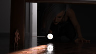 white_hair nude piercings shrunken_woman dark hiding indoors digital_render flashlight marshgts fcrawling