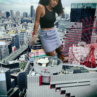 giantess collage city black_hair long_hair destruction clothed skirt outdoors necklace bare_midriff kyoujingirls