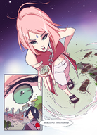 drawing giantess giga space large_breasts naruto sakura_haruno pink_hair short_hair sandals foot_print angelgts