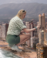giantess collage blonde long_hair destruction clothed beach kneeling reaching looking_down sunglasses outdoors crowds sophie_turner