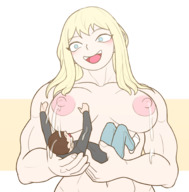 drawing nude blushing blonde large_breasts long_hair smiling mini_giantess lactation no_background gtskorea