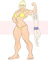 bikini drawing blonde short_hair mini_giantess muscles flexing hanging_on no_background hair_bun gtskorea