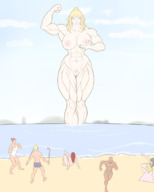giantess nude blonde long_hair beach smiling sitting muscles outdoors flexing running_away gtskorea