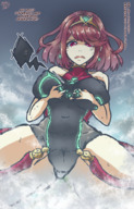 growth giantess climbing huge_breasts red_hair short_hair surprised looking_down dialogue embernaga skintight_clothing pyra